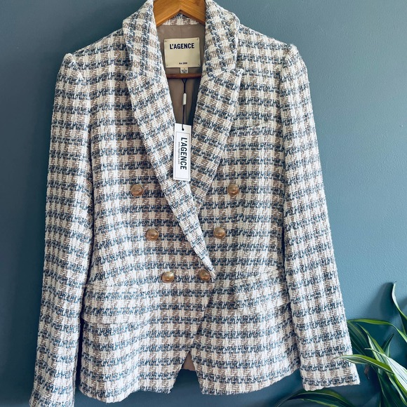 NWT L'AGENCE Kenzie Double Breasted Blazer 2 Blue Tweed Academia Office Career - Picture 6 of 8